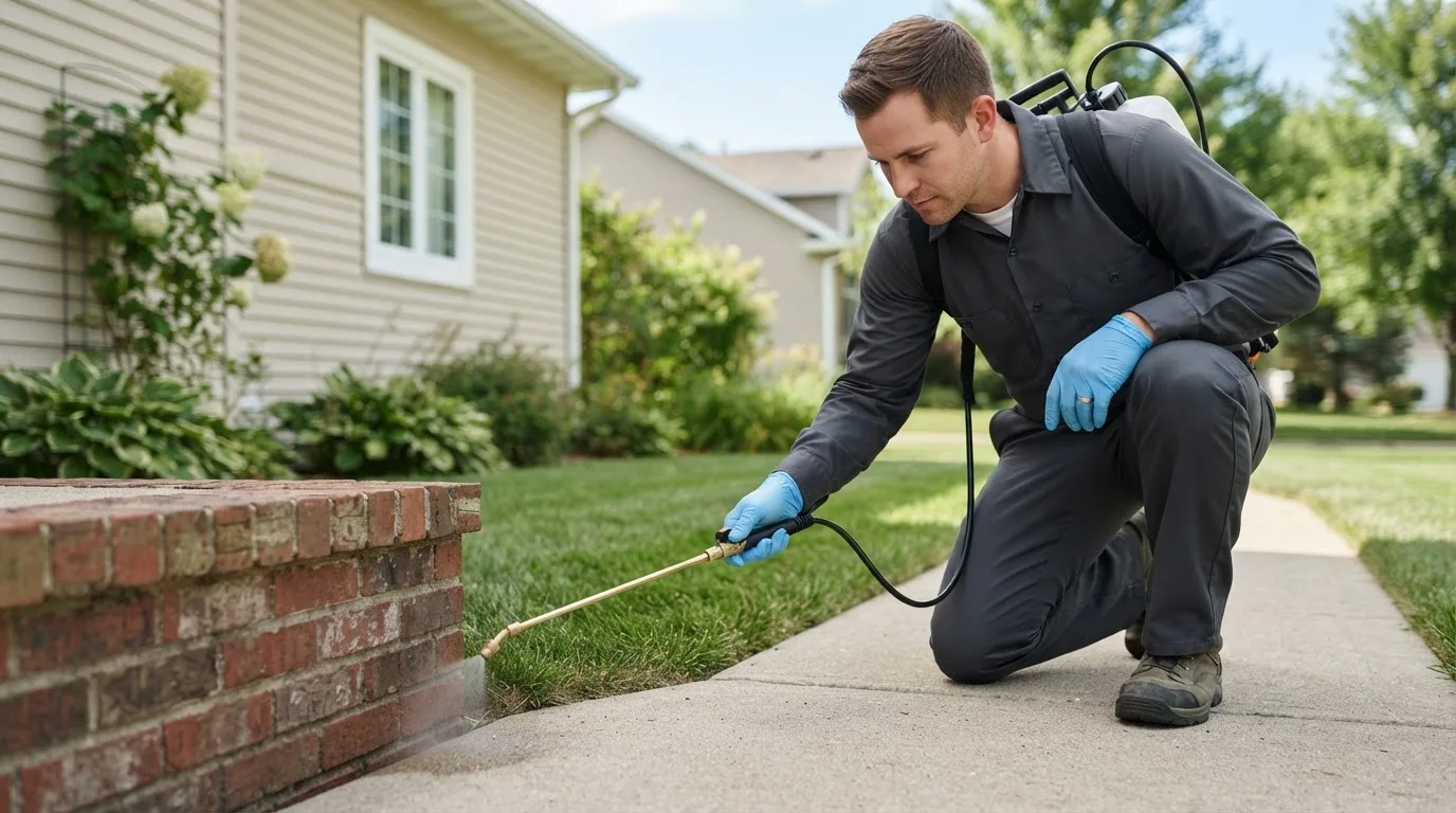 Pest control technician treating a home near High Hill, MO