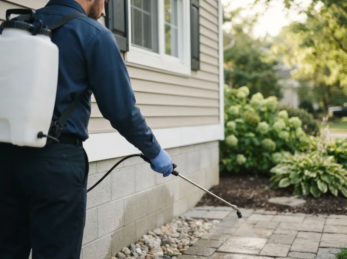 Pest control technician inspecting a home in High Hill, MO
